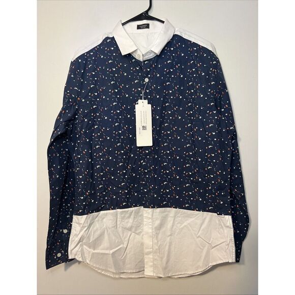 Coofandy Dress Shirt Mens L Navy‎ Blue Long Sleeve White Collar Button Down - Picture 1 of 3